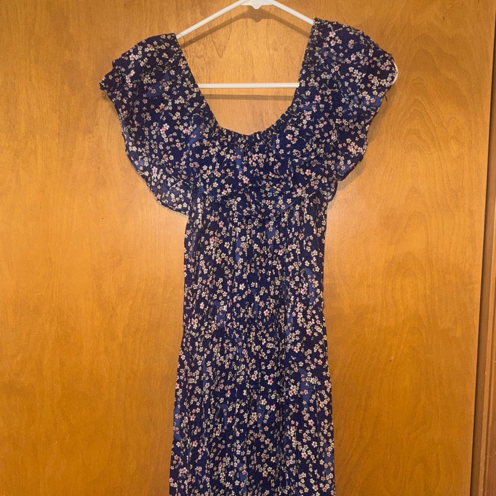 Candle-lite Navy Blue Ditsy Floral Smocked Ruffle Neck Boho Midi Dress - Size S